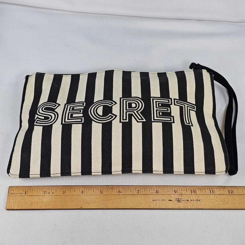 Victorias Secret Black White Striped‎ Canvas Makeup Bag Wristlet Pouch Large